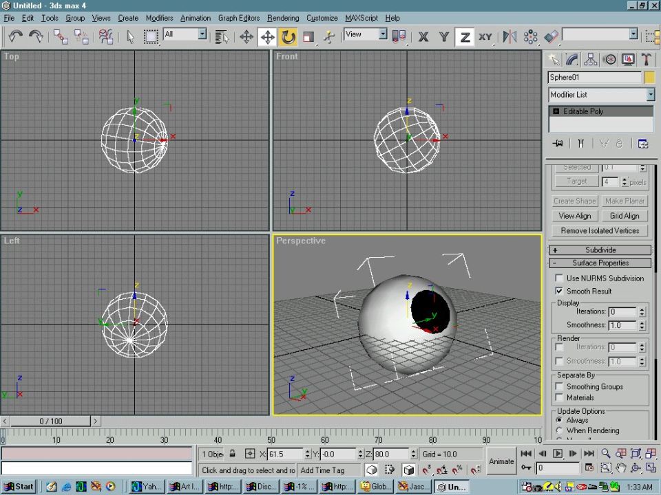 Computer screen showing 3D modeling software with wireframe spheres in multiple views