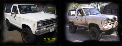1984 Ford Bronco II - Two views of a white 1984 Ford Bronco II, one clean and one dirty, both showing the front-left 3/4 angle.