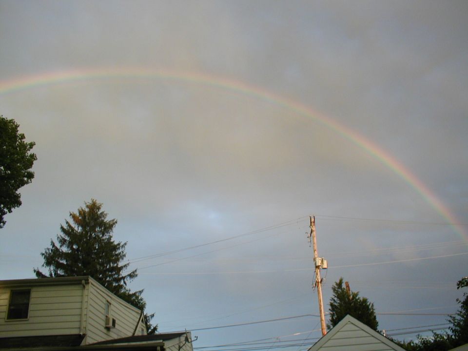 Rainbow arching over houses and trees under a cloudy sky