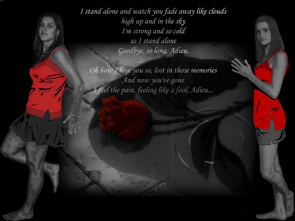 Two women in red tops and dark skirts stand on either side of a red rose with lyrics overlayed