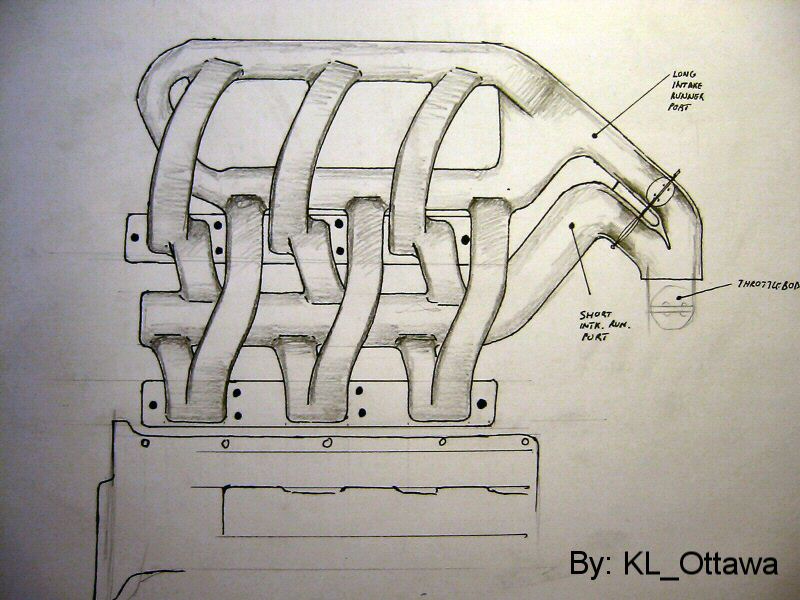 Hand-drawn sketch of an intake manifold with labeled long/short runners