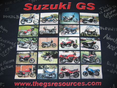 1985 Ford LTD Crown Victoria - A collage displays various Suzuki GS motorcycle models, with text and a website address at the bottom.