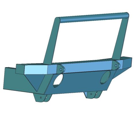 1986 Ford Bronco - A 3D CAD render of a custom tubular front winch bumper for a truck or SUV, shown in teal with an integrated hoop/grille guard, mounting tab…