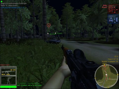 1993 Ford Bronco - A first-person perspective from a video game, showing a player holding a rifle in a nighttime forest environment.