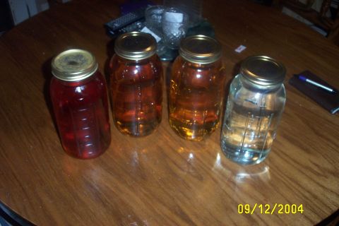 1979 Ford F-150 - Four jars containing liquids of varying colors are arranged on a wooden surface, with a date stamp visible in the lower right corner.