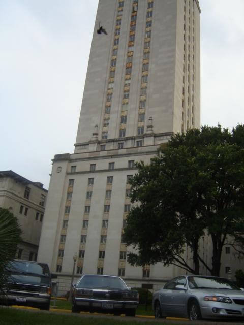 1988 Ford Crown Victoria LTD - A dark sedan and a silver car are parked in front of a tall building.