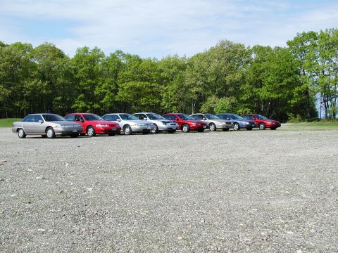 1992 Ford Taurus - A row of sedans are parked on a gravel lot, with a dense line of trees behind them.