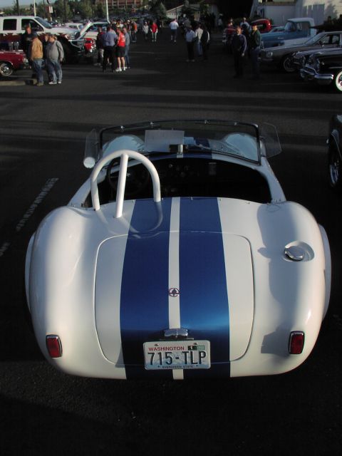 1979 Ford Bronco - White sports car with blue racing stripes and a roll bar parked at an outdoor car show.
