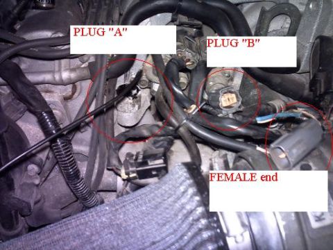 1995 Ford Probe - Close-up view of engine bay components, focusing on electrical connectors and wiring.