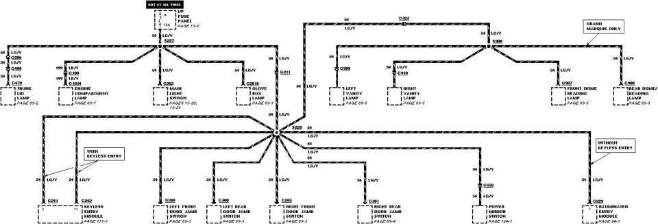 Black-and-white automotive electrical wiring schematic with labeled grounds and circuits