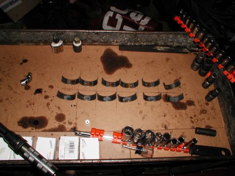 1992 Ford Taurus - Rod bearings and assorted tools are organized on a workbench, suggesting an engine repair or maintenance task.