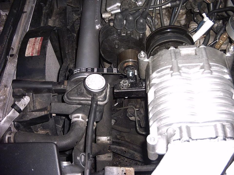 Engine bay with aluminum supercharger, belt, distributor cap, and radiator cap visible