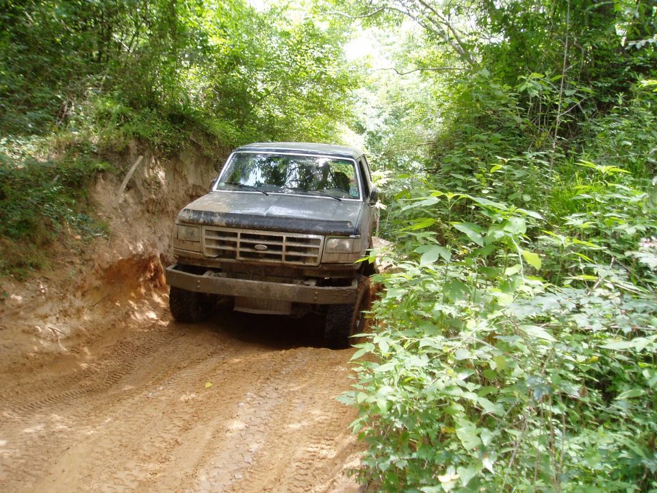 Dark gray Ford Bronco driving on a dirt path through dense woods