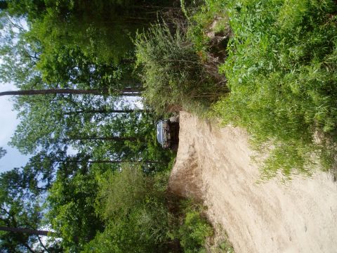 1990 Ford Bronco - A vehicle navigates a challenging off-road trail through a wooded area.