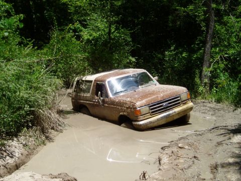 1990 Ford Bronco - This brown SUV is stuck deep in the mud on a wooded trail.