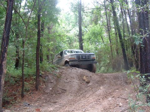 1993 Ford Bronco - A Ford Bronco navigates a steep, muddy incline within a dense forest environment.