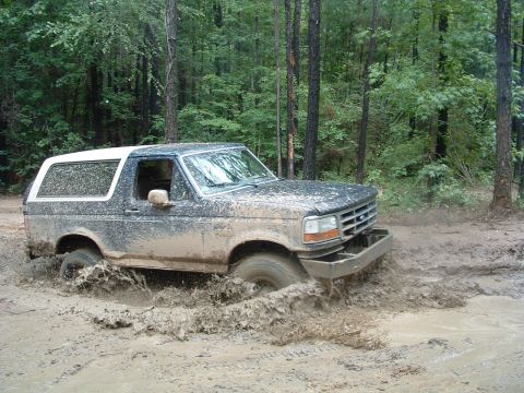 1993 Ford Bronco - A muddy Ford Bronco navigates a water obstacle in a wooded area.