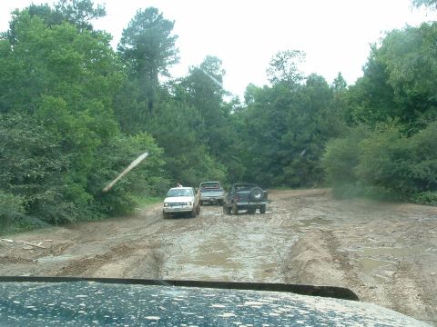 1993 Ford Bronco - Multiple SUVs traverse a challenging muddy track surrounded by dense green foliage.
