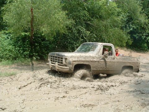 1993 Ford Bronco - This Chevrolet pickup truck is stuck in the mud, with two people visible inside the cab.