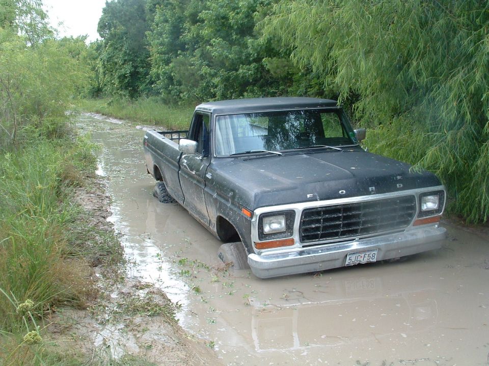 1979 Ford pickup truck with front wheels stuck in mud on a dirt track