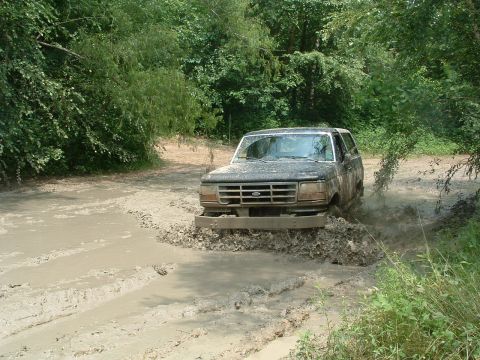 1993 Ford Bronco - Ford Bronco navigates a challenging muddy trail surrounded by dense foliage.