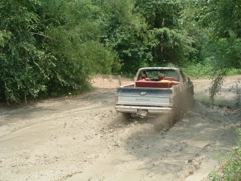 1993 Ford Bronco - A pickup truck navigates a challenging muddy trail, kicking up spray as it goes.