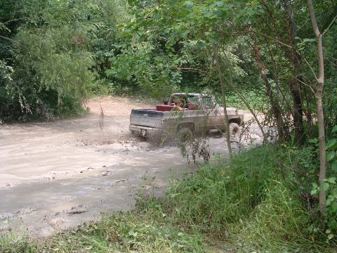 1993 Ford Bronco - A classic pickup truck navigates a challenging muddy path surrounded by lush greenery.