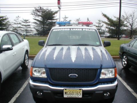 1979 Ford Bronco - A blue police truck is parked between two other vehicles on a cloudy day.