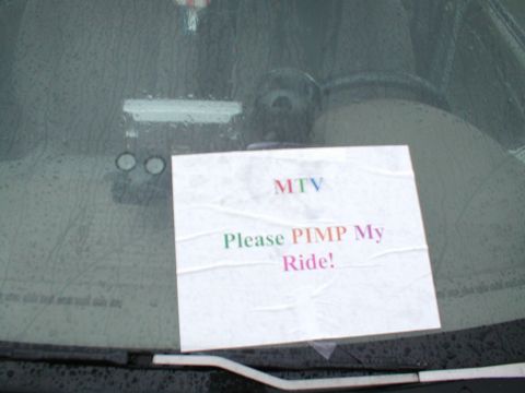 1979 Ford Bronco - A sign on the windshield requests a "Pimp My Ride" makeover.