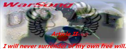 Graphic with red text 'WarSong' and 'Article II', wings, and a star emblem