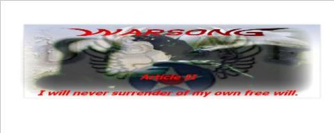 1988 Mercury Sable - Graphic art displays the words "WARSONG" and "Article II" above an eagle and star emblem, accompanied by a quote about surrender.