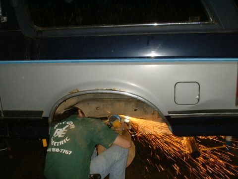 1991 Ford Bronco - Here I'm grinding out the old broken bump stops. One was broke off and the other kept spinning...just ground off the bolt and knocked it ou…