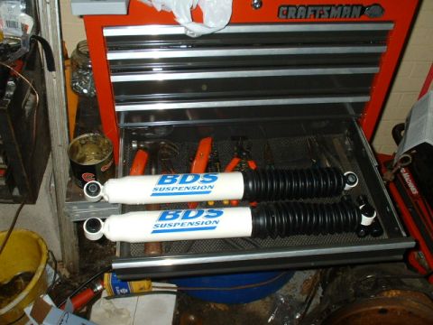 1991 Ford Bronco - Here are the new rear BDS 5500 shocks. I put the stickers on them and went ahead and clear coated them to hopefully keep the sticker on a l…