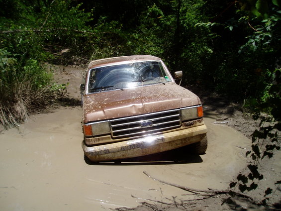 Brown Ford truck stuck in a muddy trail, front end tilted