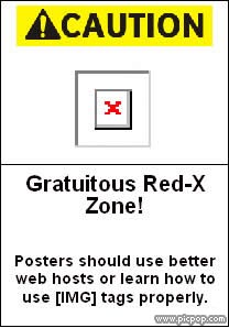 1986 Ford Bronco - A caution sign warns about a 'Gratuitous Red-X Zone' and provides instructions for image posting.