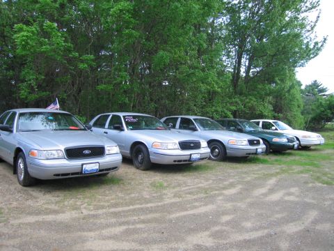 1991 Ford LTD Crown Victoria - A line of Ford Crown Victoria sedans, likely former police vehicles, are parked outdoors under a tree line.