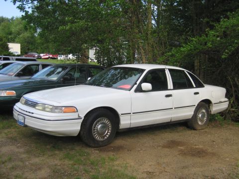 1991 Ford LTD Crown Victoria - A white Ford Crown Victoria is parked outside next to another vehicle under some trees.