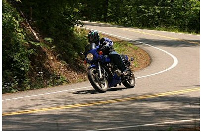 1985 Ford Crown Victoria LTD - A motorcycle navigates a sharp curve on a tree-lined road.