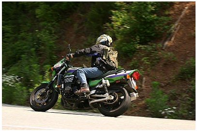 1985 Ford Crown Victoria LTD - A rider on a motorcycle navigates a tree-lined road, leaning into a turn.