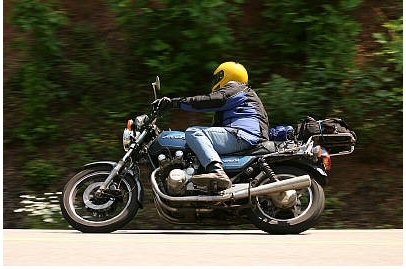 1985 Ford Crown Victoria LTD - Rider on a motorcycle on a tree-lined road.