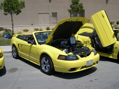 2002 Ford Mustang - A yellow 2002 Ford Mustang convertible is displayed with its hood and driver's door open, revealing the engine and a custom door modificati…