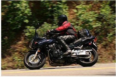 1985 Ford Crown Victoria LTD - Rider on a sportbike navigates a road bordered by dense foliage.