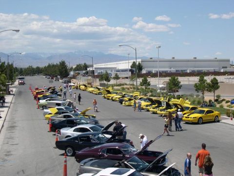 2002 Ford Mustang - A street lined with numerous yellow Ford Mustangs at a car show event, with spectators milling about.
