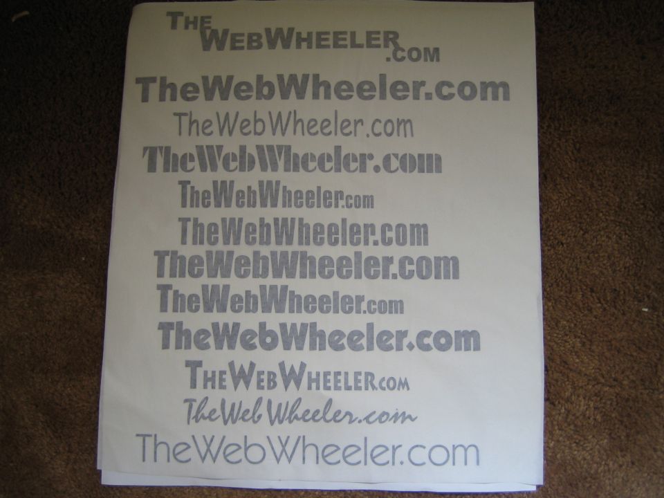 Printed sheet of TheWebWheeler.com logo and font samples
