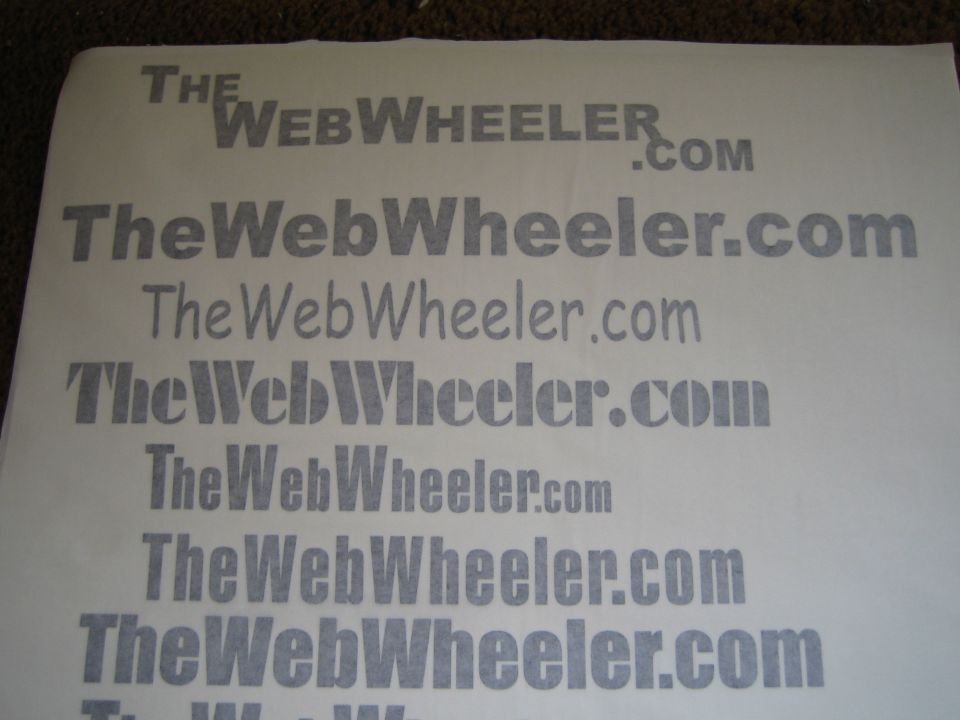 Printed sheet of TheWebWheeler.com logo and font samples