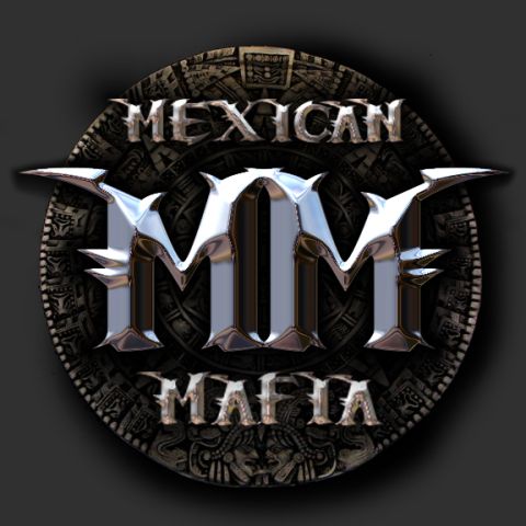 1986 Ford Bronco - A digital graphic logo reading "MEXICAN MAFIA" in chrome-effect lettering with a large stylized "MM" monogram, set over an Aztec calendar s…