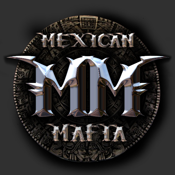 Chrome-style "Mexican Mafia" MM logo graphic over an Aztec calendar stone background