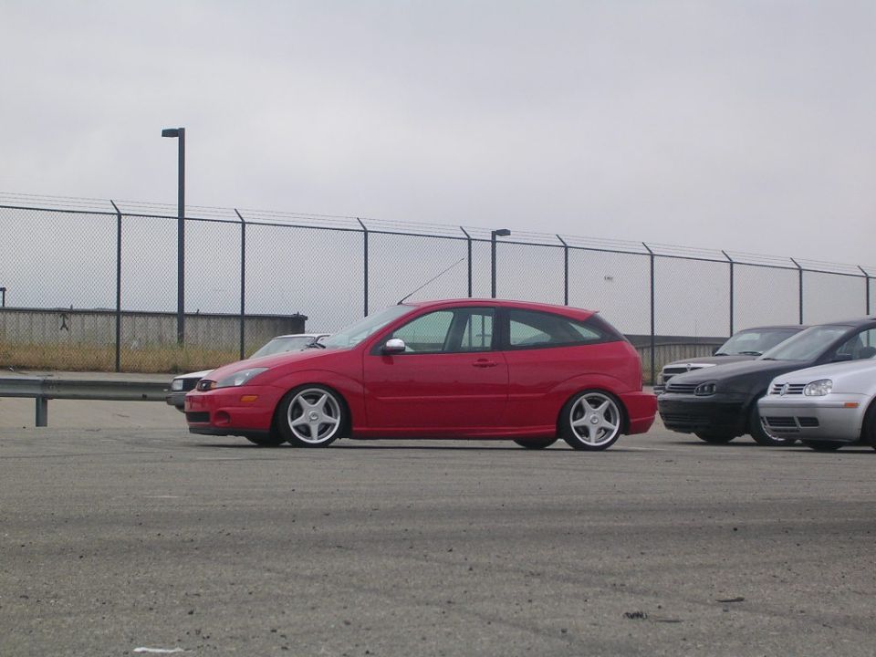 Red Ford Focus hatchback parked next to other cars. The car has five-spoke wheels