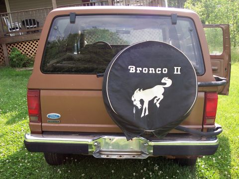 1986 Ford Bronco II - Rear view of a 1986 Ford Bronco II, a spare tire cover and Ford badging.