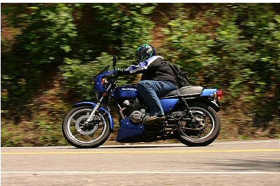 1985 Ford LTD Crown Victoria - A rider on a blue Suzuki motorcycle travels down a tree-lined road.